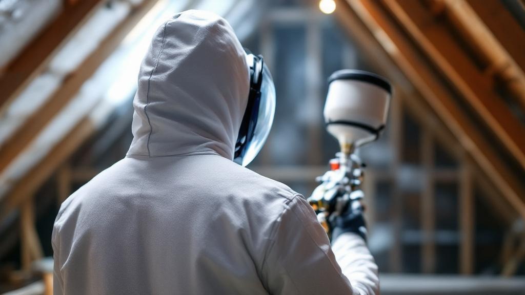Tyvek-suited installer holding a spray foam gun, back-of-head only