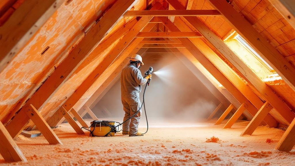 Closed-cell spray foam mid-application on the underside of a Columbus attic roof deck